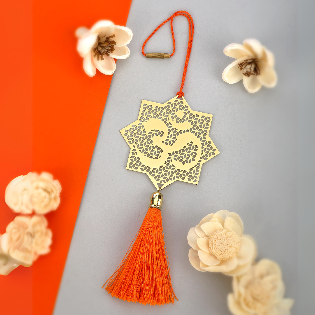 Hindu Om Symbol Hanging Accessories for Car rear view mirror Decor in Brass Jaali Red Orange
