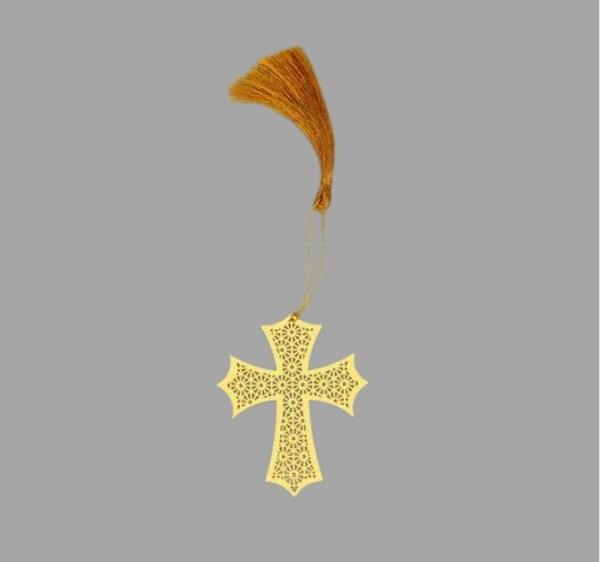 Christian Contemporary Cross Symbol Golden Brass Metal Bookmark with Golden Tassel - Perfect Gift for Friends & Family