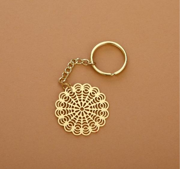 Floral Brass Key Chain Ring in Golden Finish