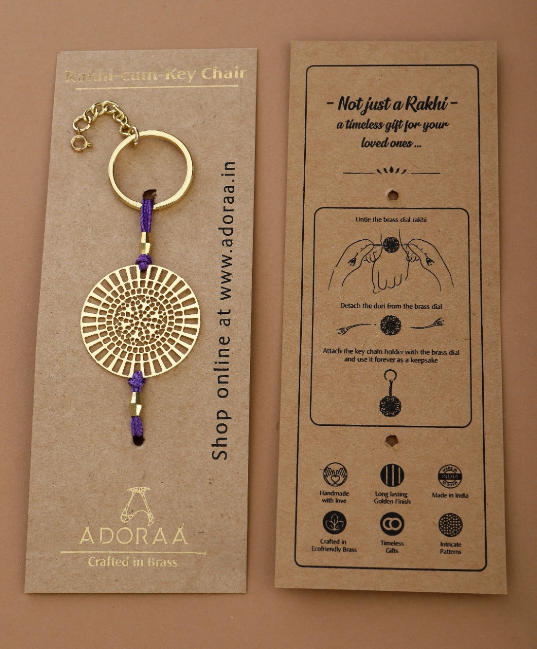Dial design Rakhi cum keychain ring for Bhai/brother crafted in brass with golden finish
