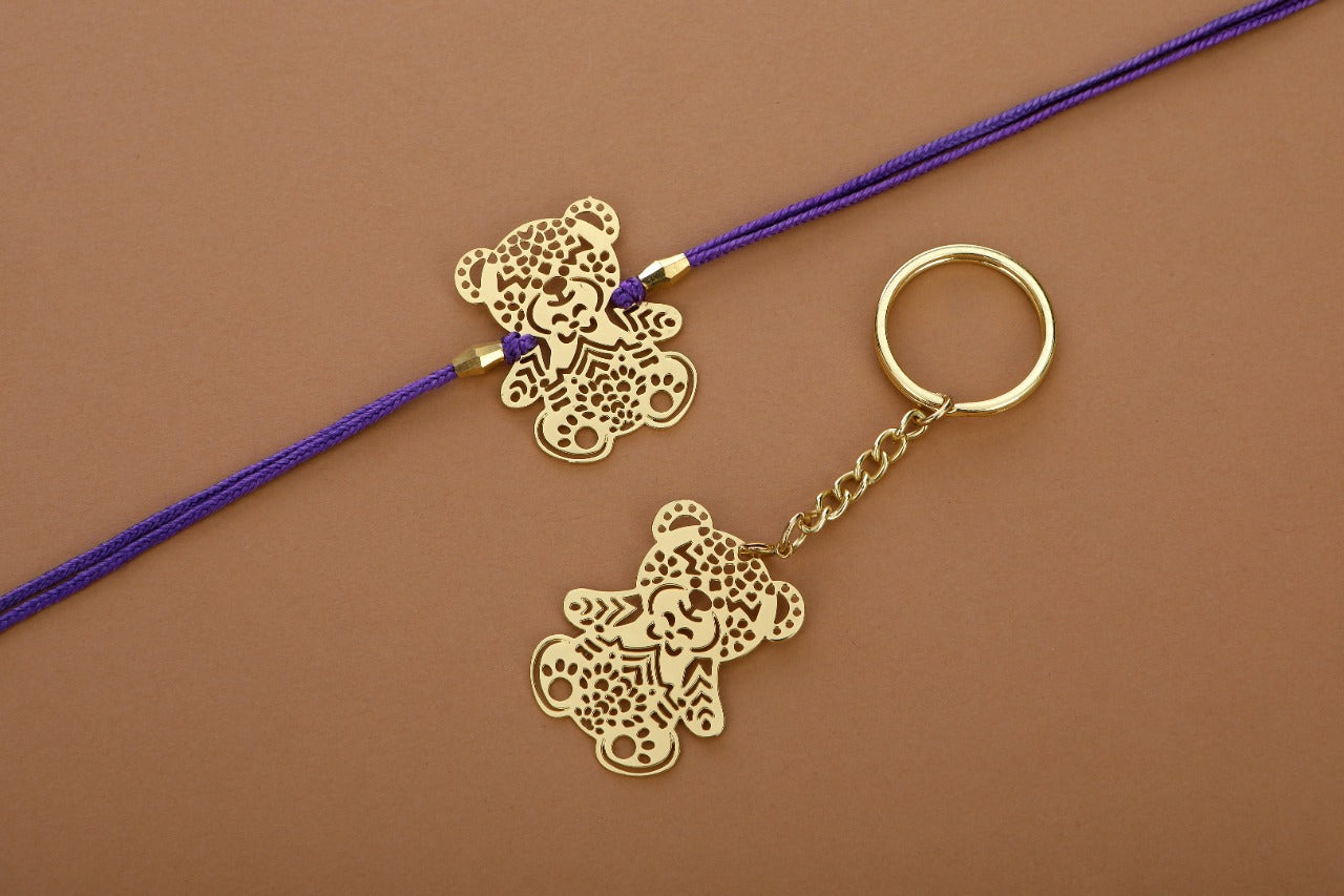 Teddy bear design Rakhi cum keychain ring for baby Bhai/brother crafted in brass with golden finish