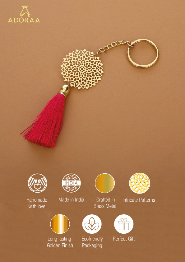 Lotus Floral Brass Key Chain Ring in Golden Finish
