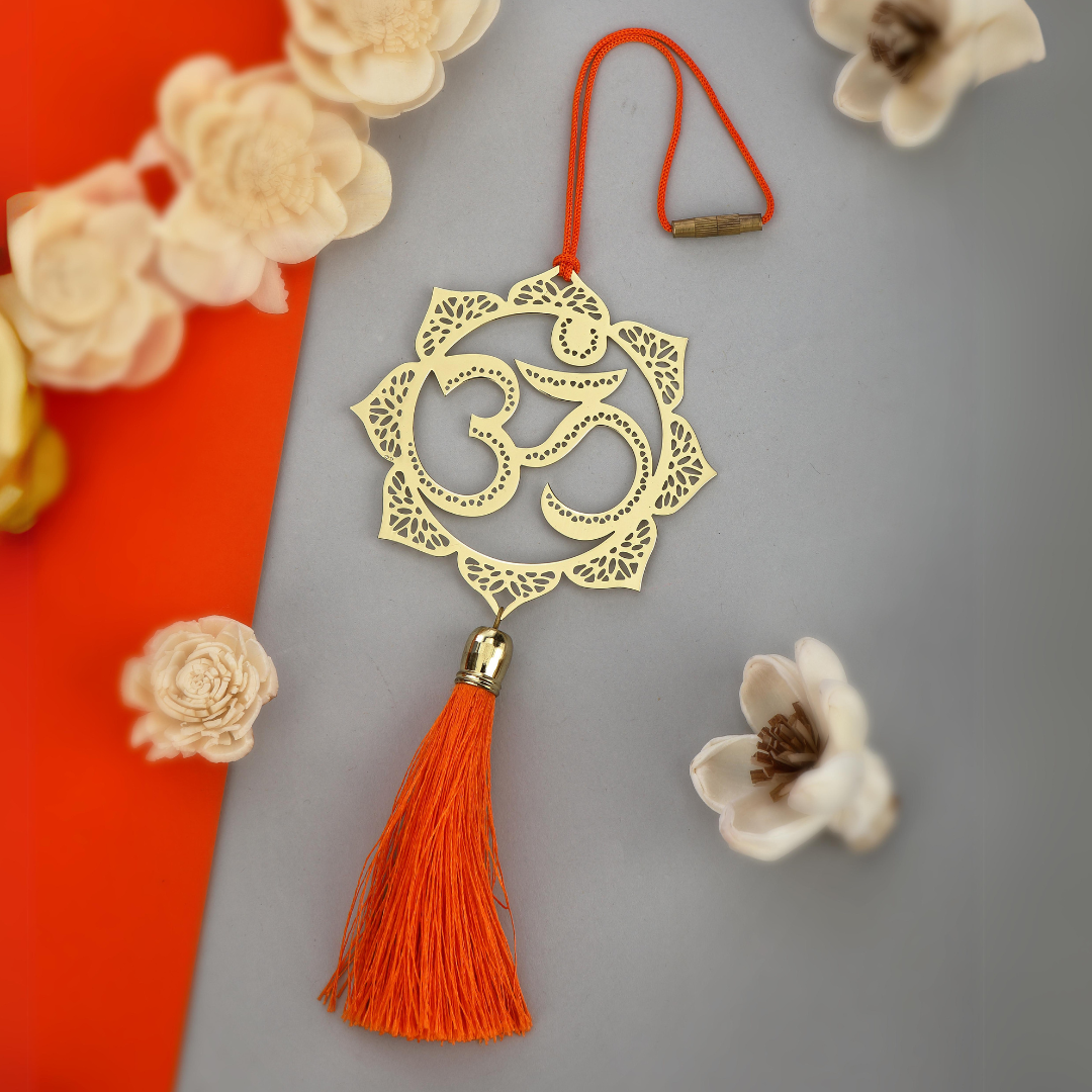 Hindu Om Symbol Hanging Accessories for Car rear view mirror Decor in Brass - Floral
