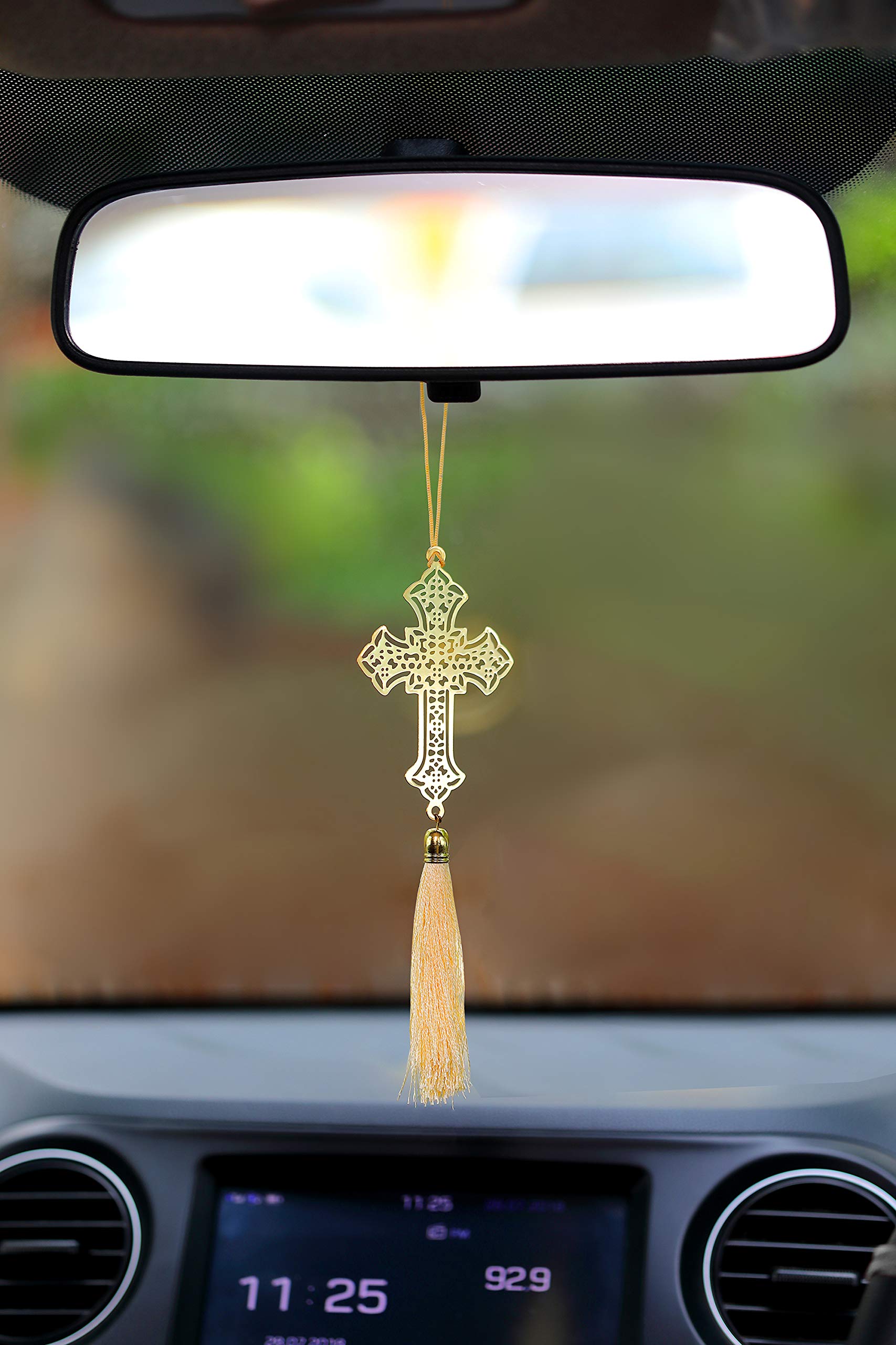 Pack of 2 - Christian Jesus Cross Hanging Accessories for Car rear view mirror Décor in Brass