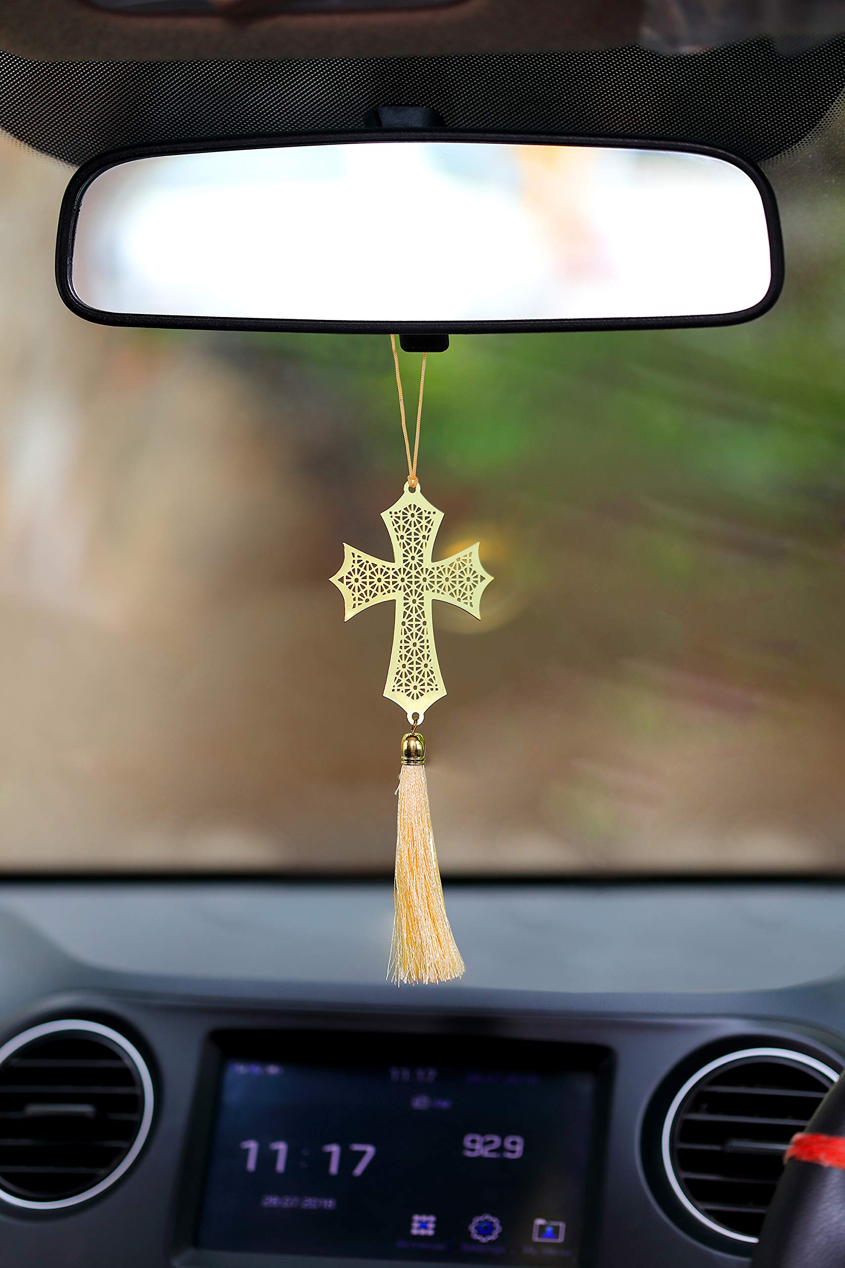Pack of 2 - Cross Christian Hanging Accessories for Car rear view mirror Décor in Brass