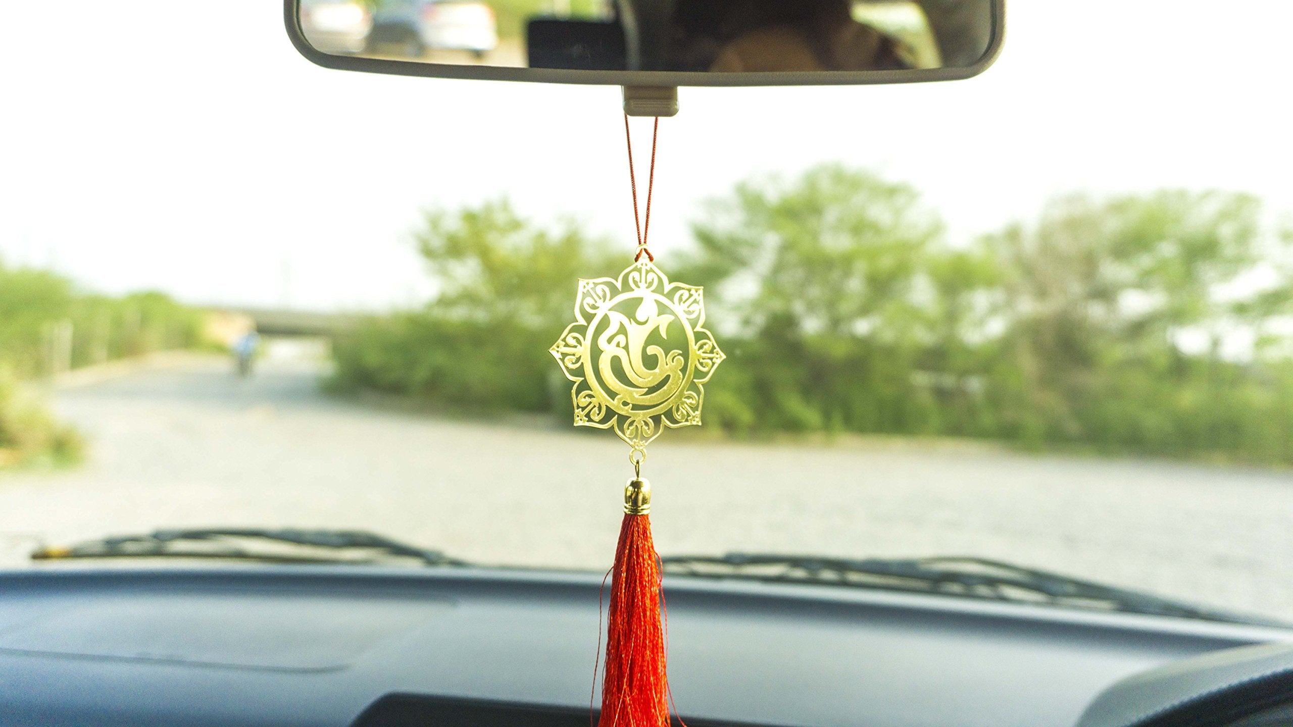 Pack of 2 - Ganesha Ganesh Ganpati Siddhivinayak Hanging Accessories for Car rear view mirror Decor in Brass