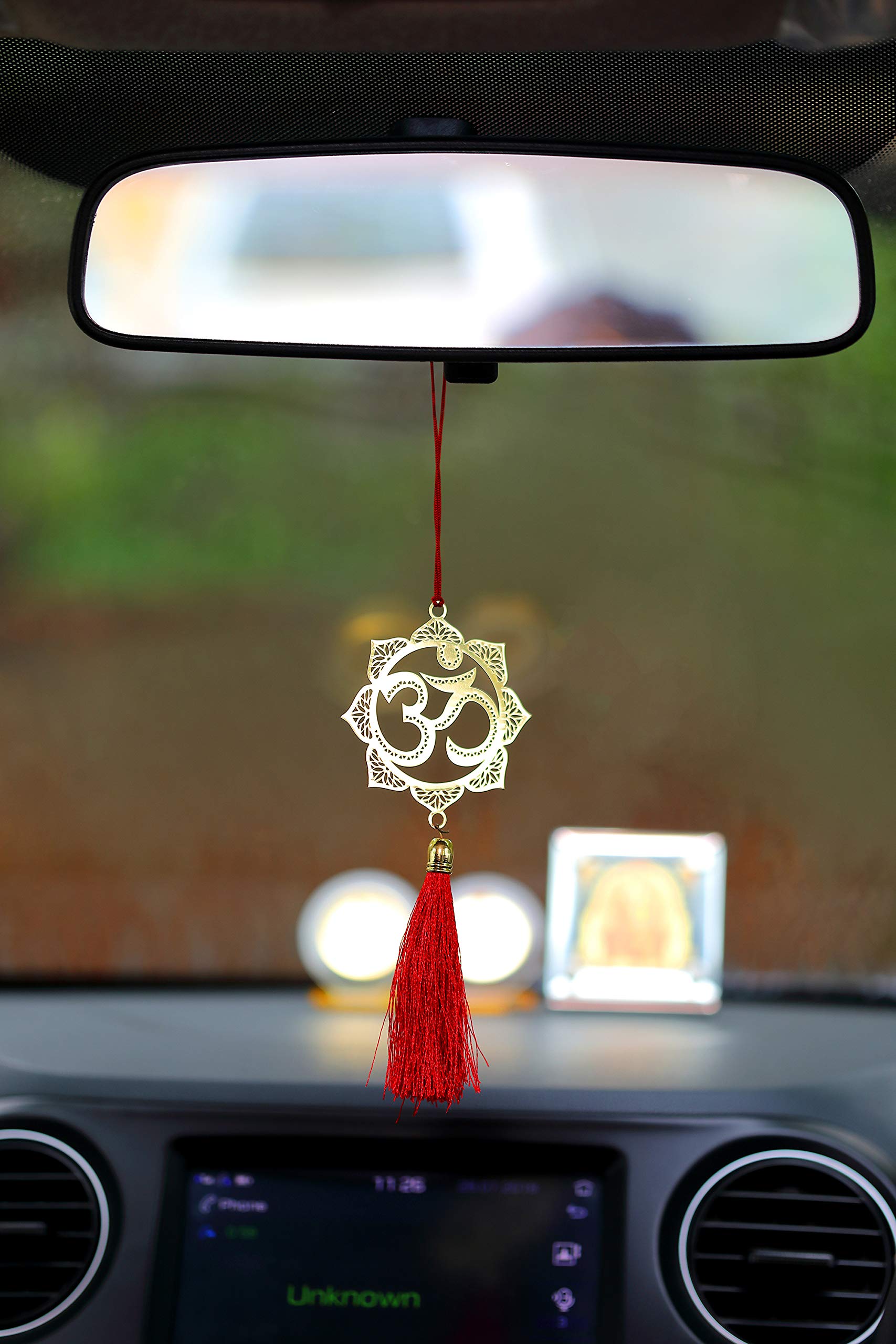 Pack of 2 Hindu Om Symbol Hanging Accessories for Car rear view mirror Decor in Brass - Floral