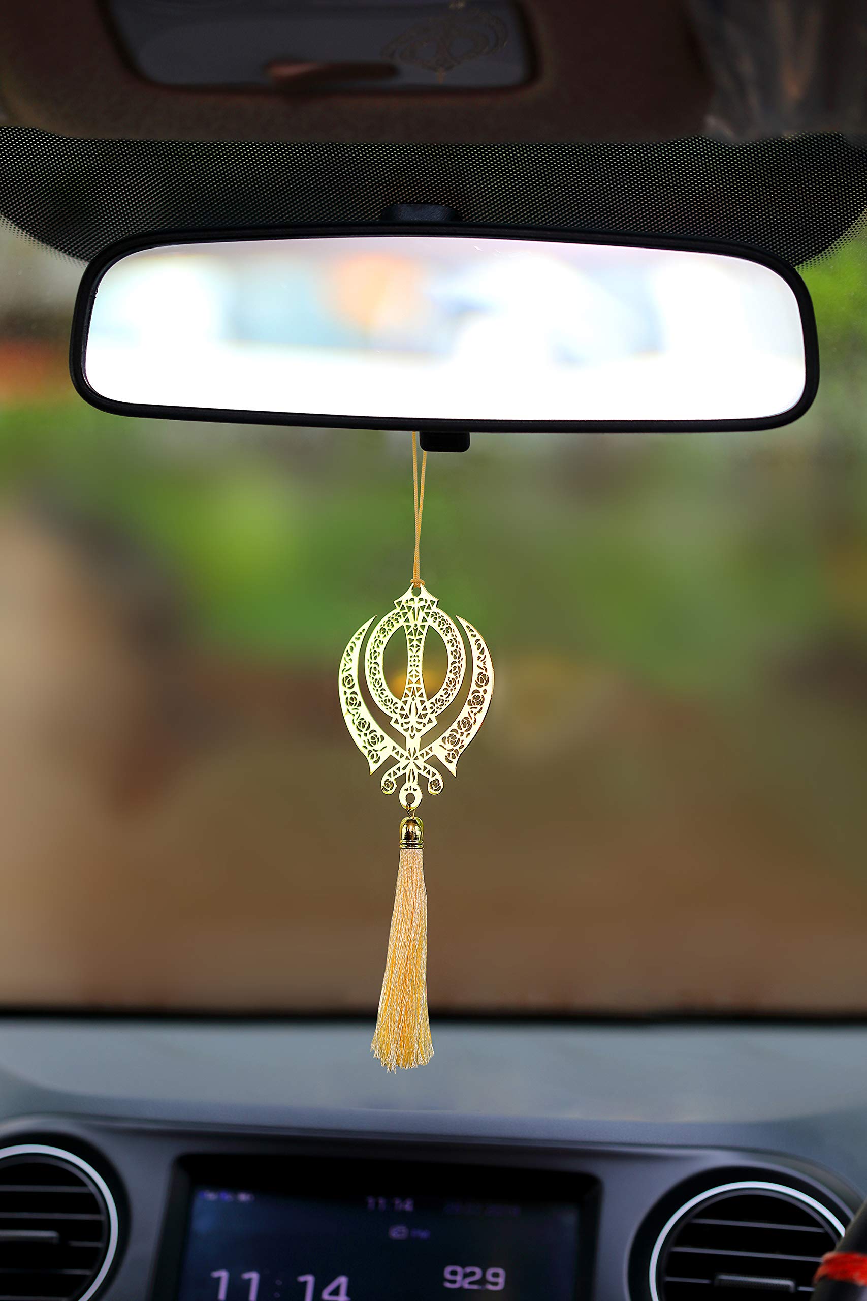 Pack of 2 - Sikh Punjabi Khanda Hanging Decor for Car's rear view mirror in Brass