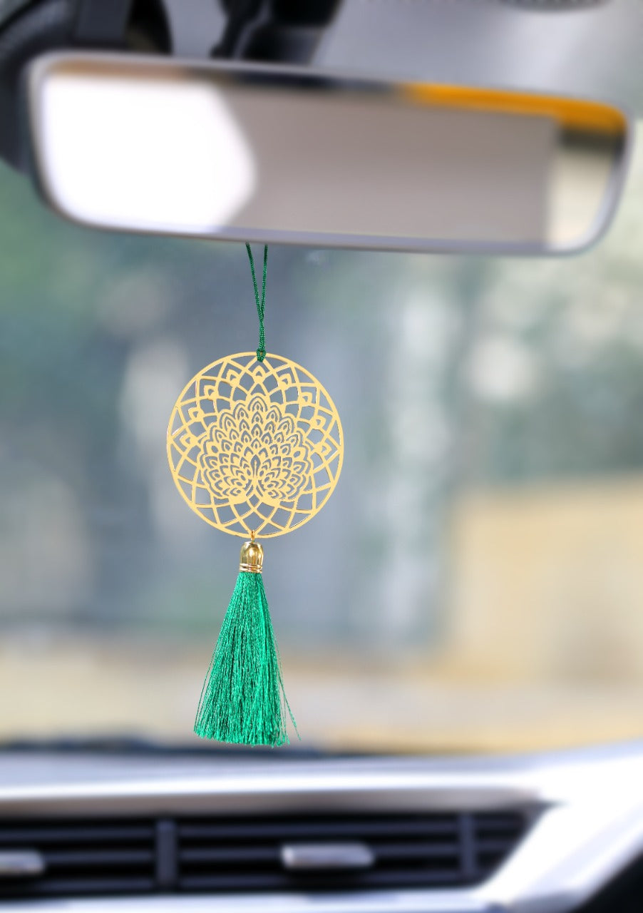 Peacock car rear view mirror hanging décor in brass metal