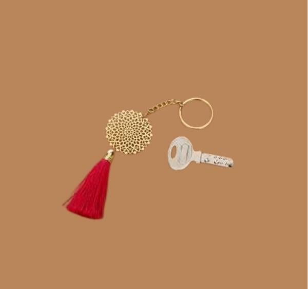 Lotus Floral Brass Key Chain Ring in Golden Finish