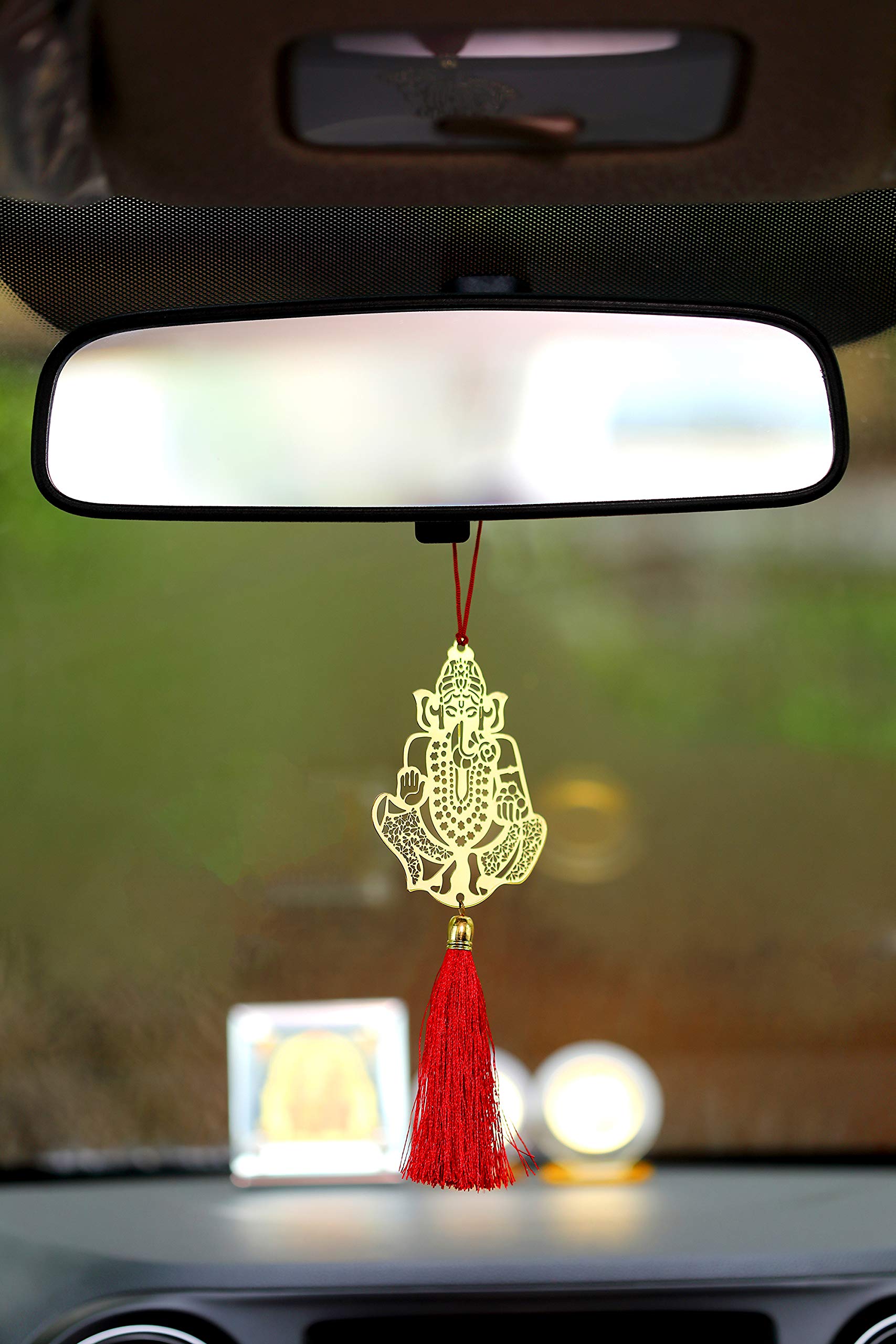Pack of 2 - Ganesha Ganpati Ganesh Siddhivinayak Hanging Accessories for Car rear view mirror Decor in Brass