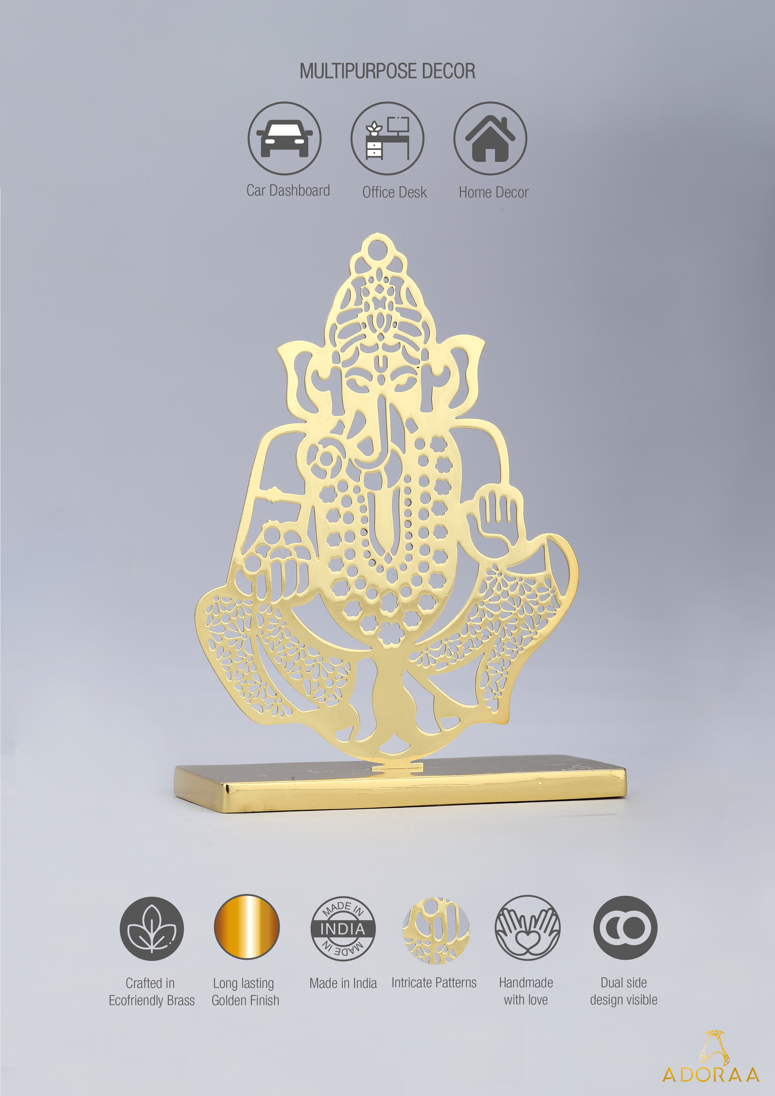 Ladoo Ganesha Desk/Car Dashboard Décor crafted in brass with golden finish