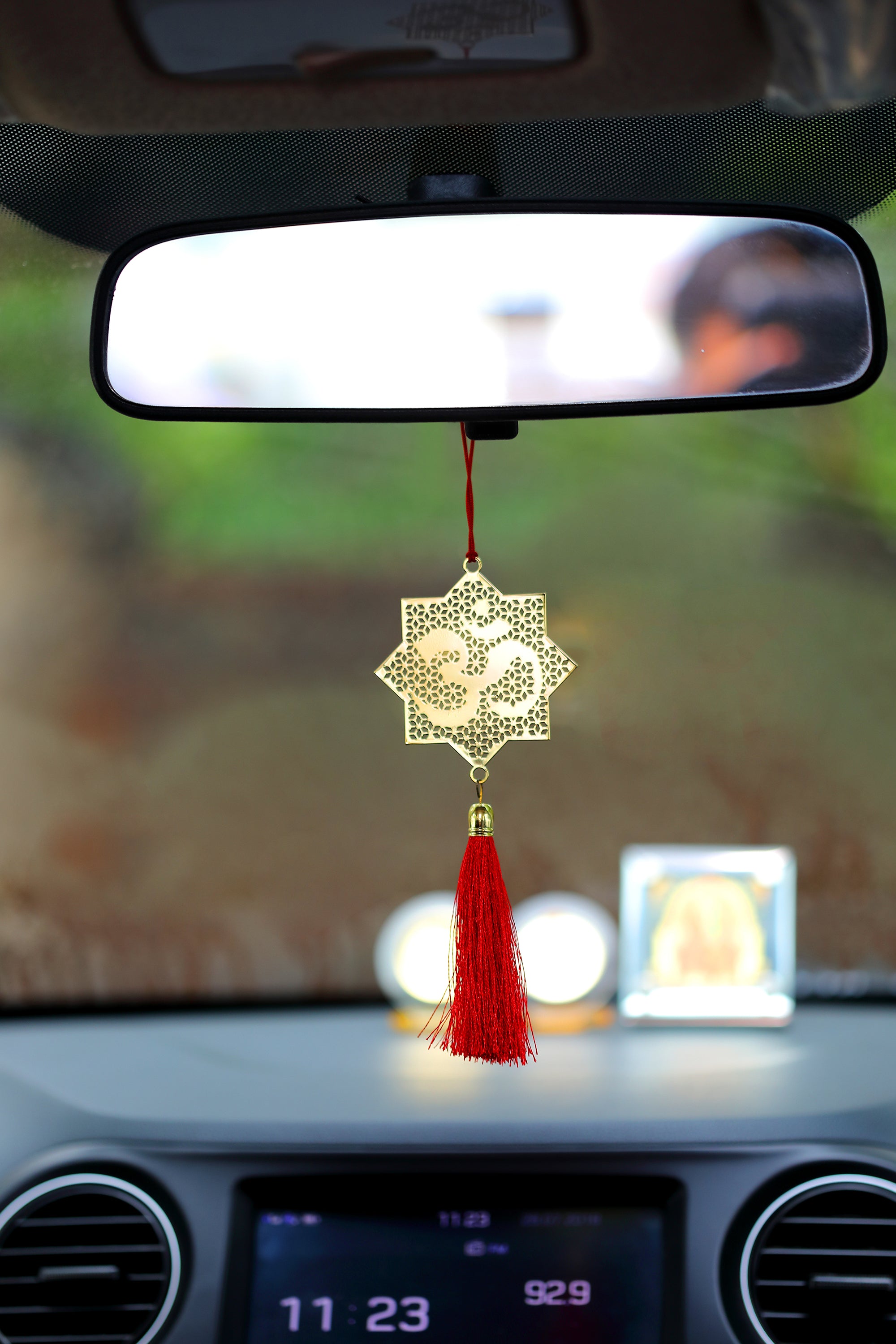 Hindu Om Symbol Hanging Accessories for Car rear view mirror Decor in Brass - Jaali Red