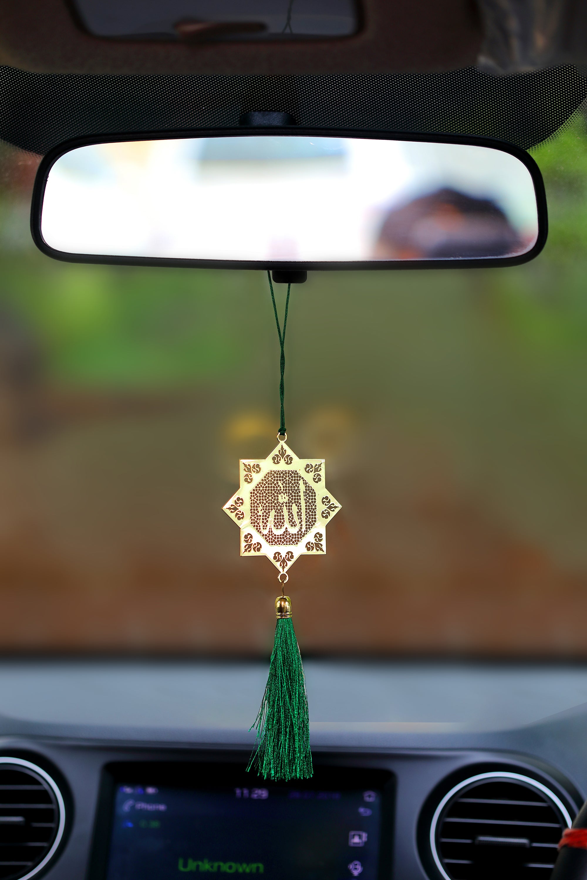 Pack f 2 - Islamic Muslim Allah Hanging Accessories for Car rear view mirror Décor in Brass - Green