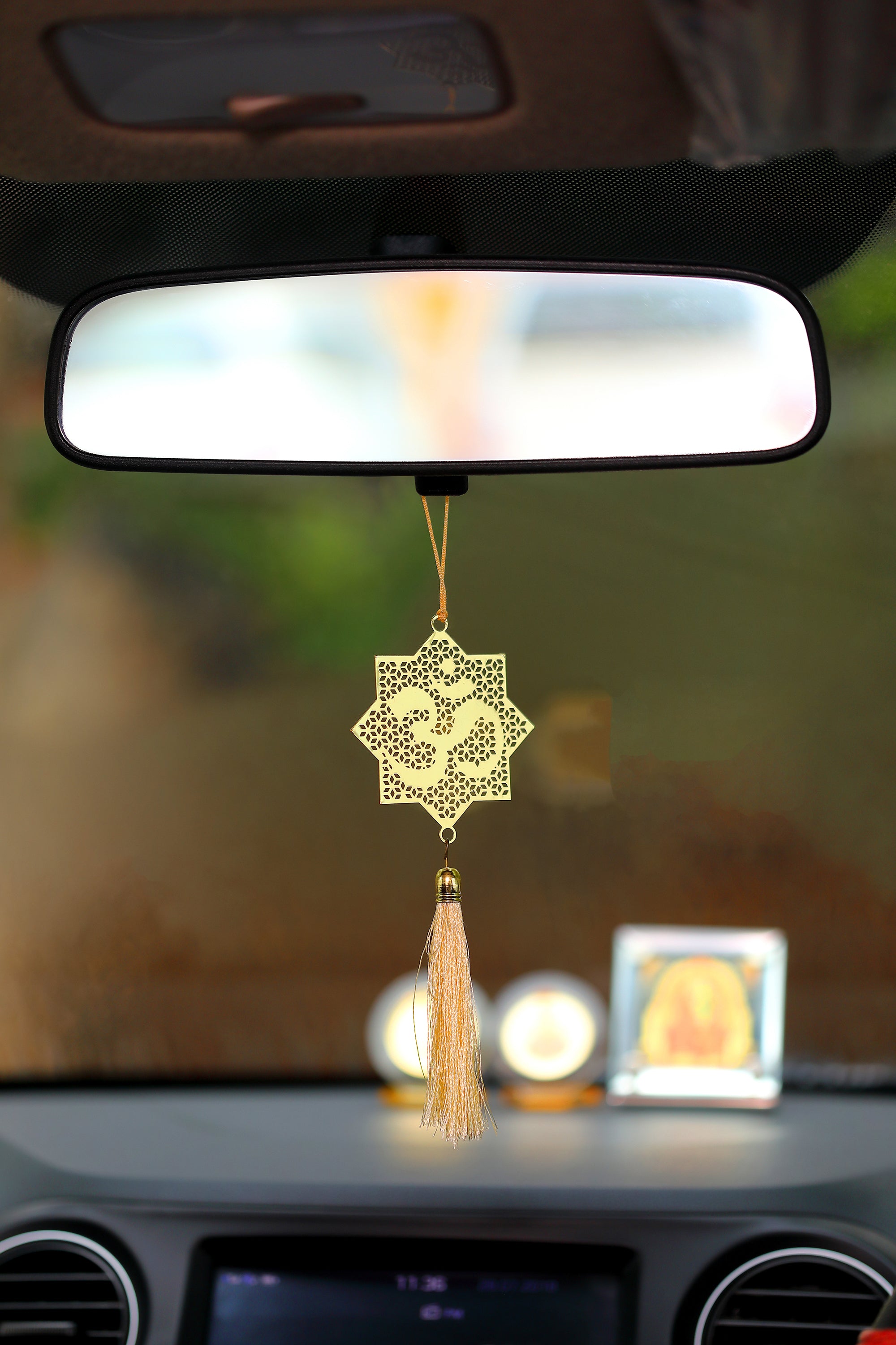 Pack of 2 - Hindu Om Symbol Hanging Accessories for Car rear view mirror Decor in Brass