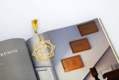 ADORAA's AUM/OM Symbol in Floral pattern Golden Brass Metal Bookmark with Golden Tassel - Perfect Gift for Friends & Family