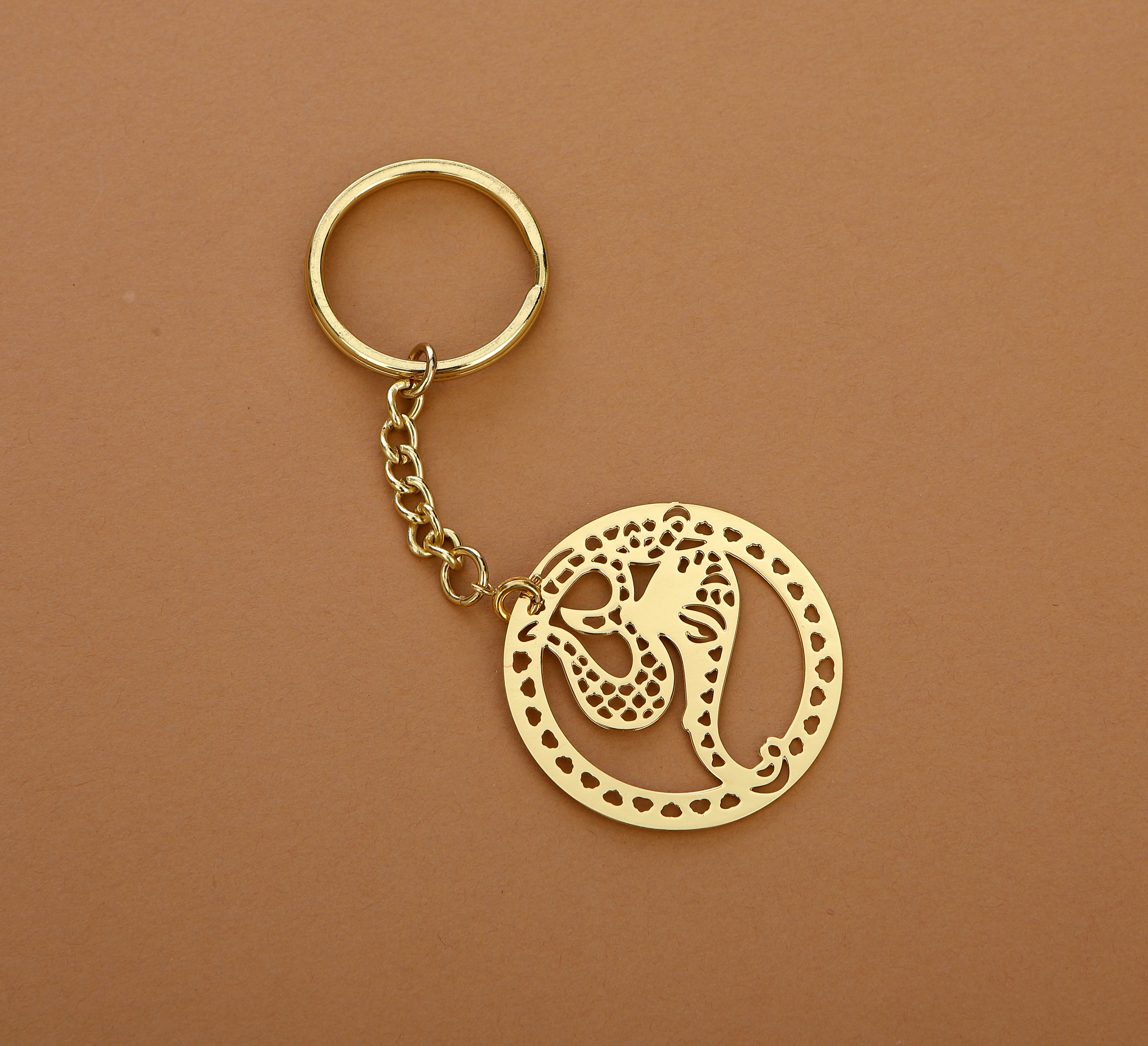 Adoraa's Om Ganesha Brass Key Chain Ring in Golden Finish