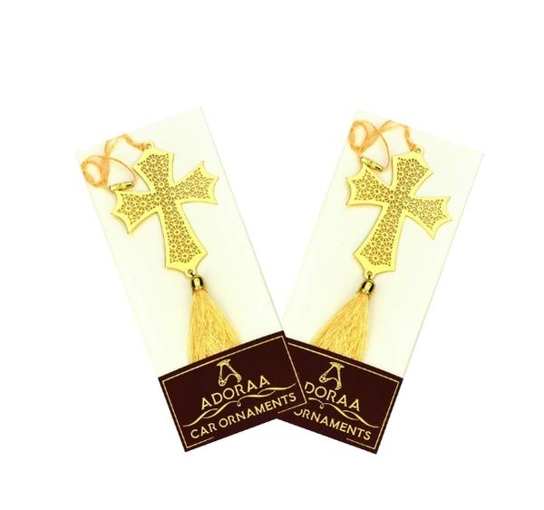 Pack of 2 - Cross Christian Hanging Accessories for Car rear view mirror Décor in Brass