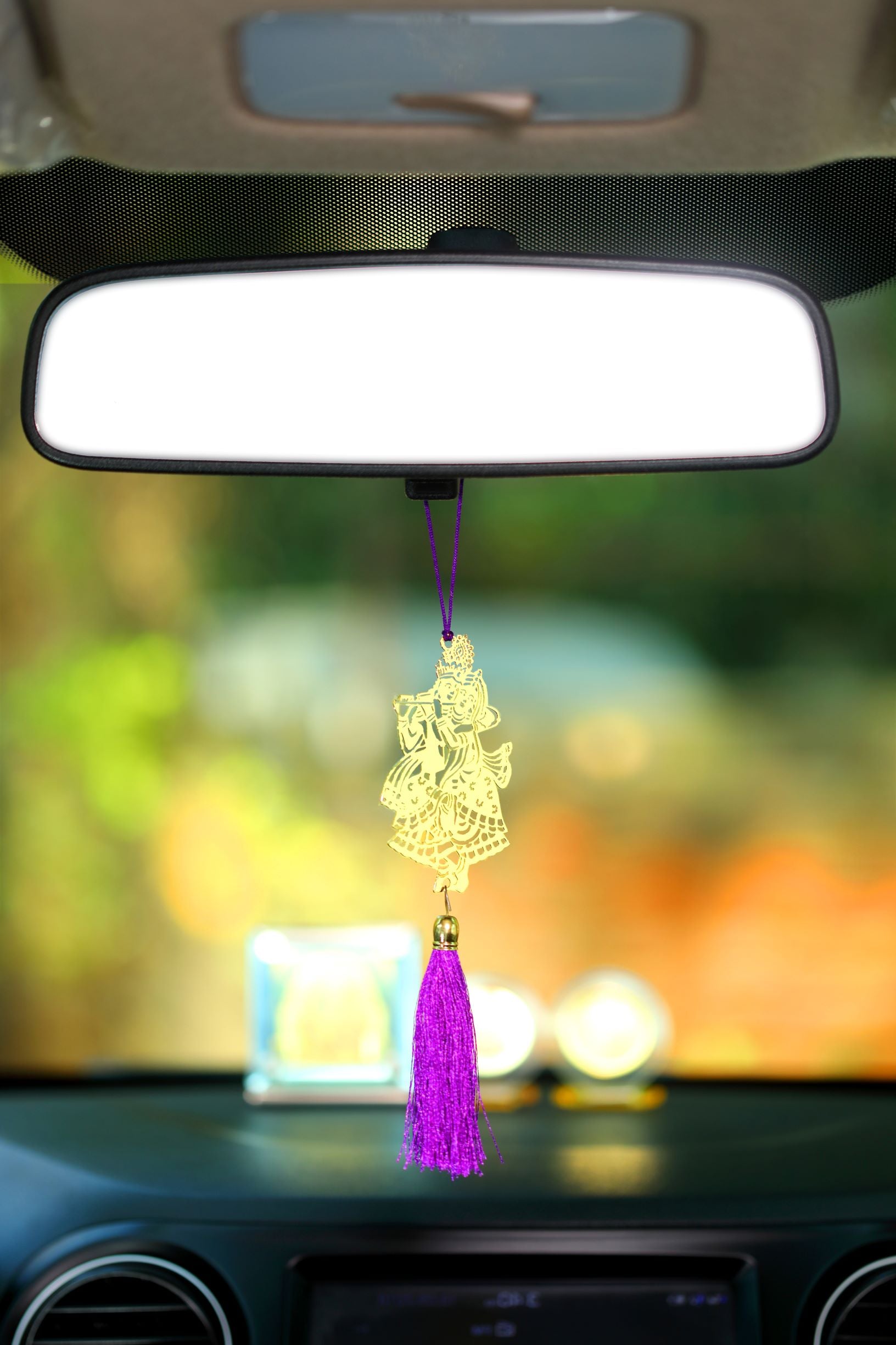 Pack of 2 - Radha Krishna Hanging Accessories for Car rear view mirror Décor in Brass