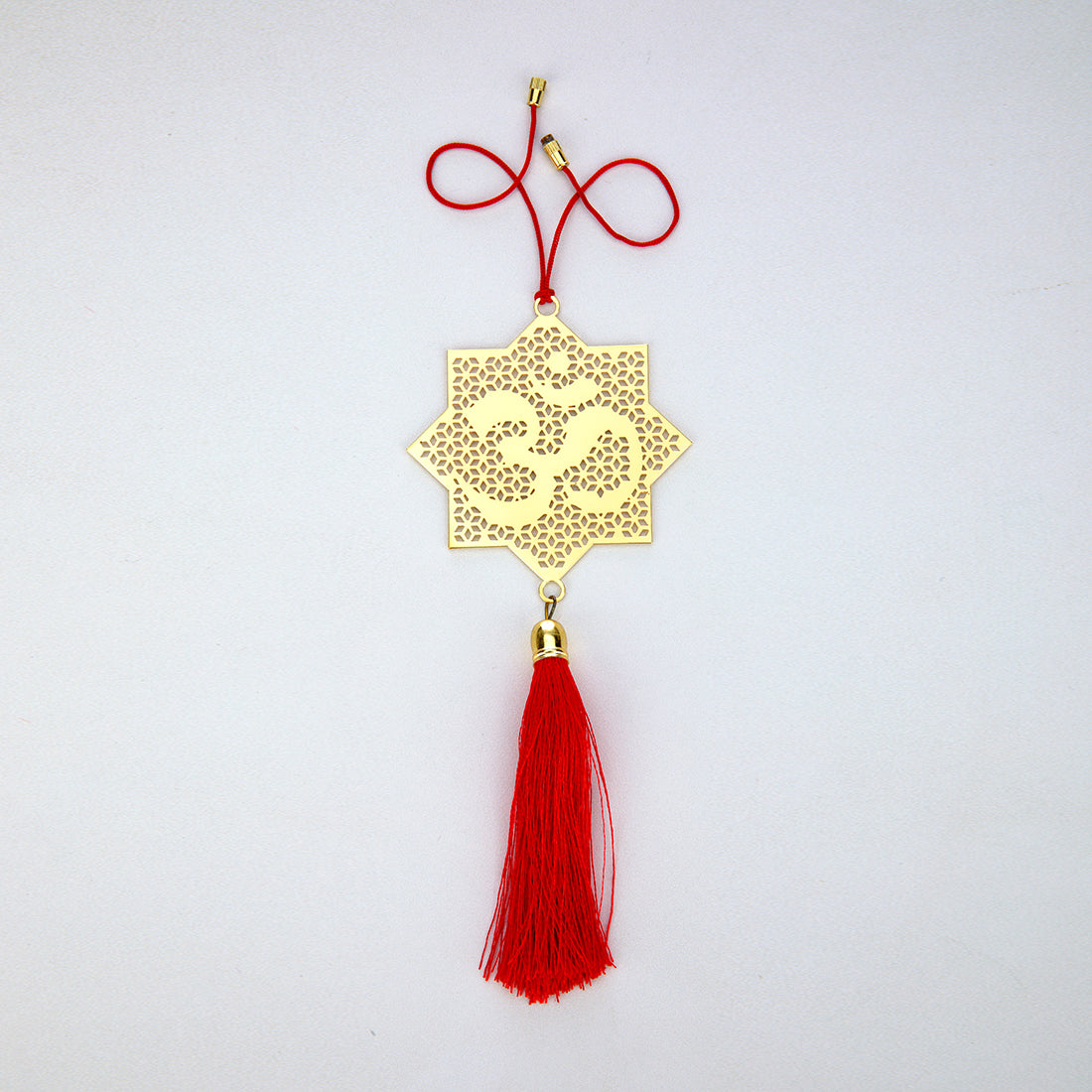 Hindu Om Symbol Hanging Accessories for Car rear view mirror Decor in Brass - Jaali Red