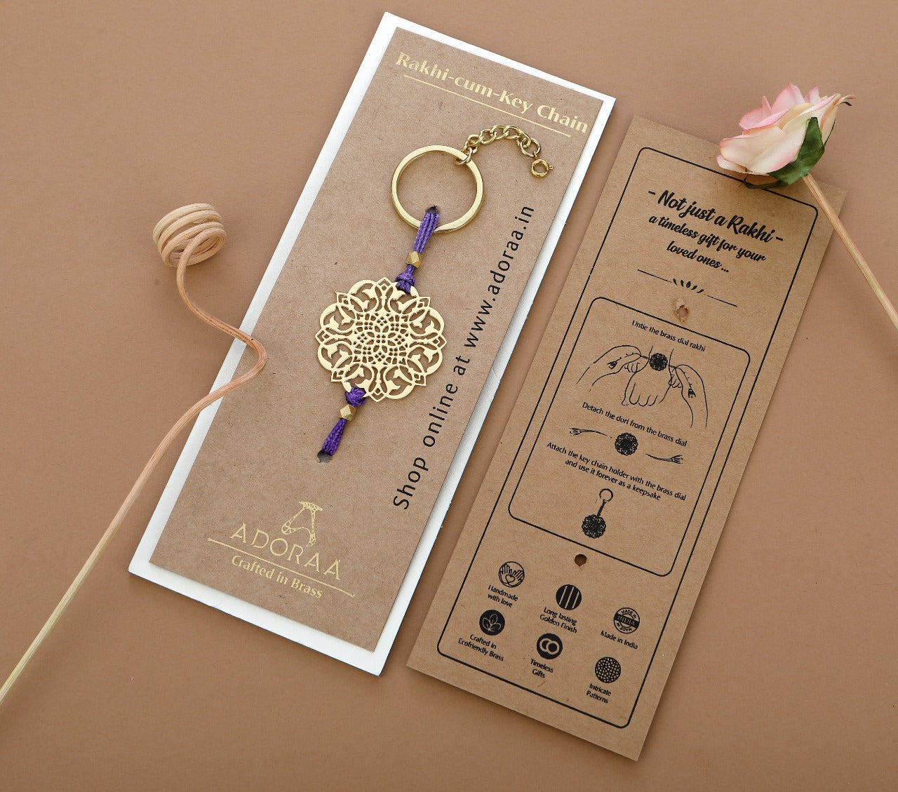 Jaali design Rakhi cum keychain ring for Bhai/brother crafted in brass with golden finish