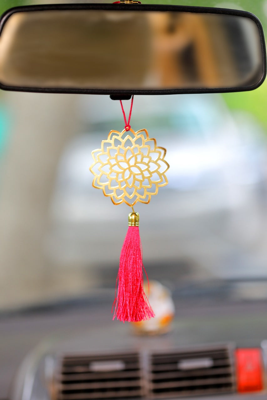 Pack of 2 - Floral Lotus Accessories for Car rear view mirror Décor in Brass