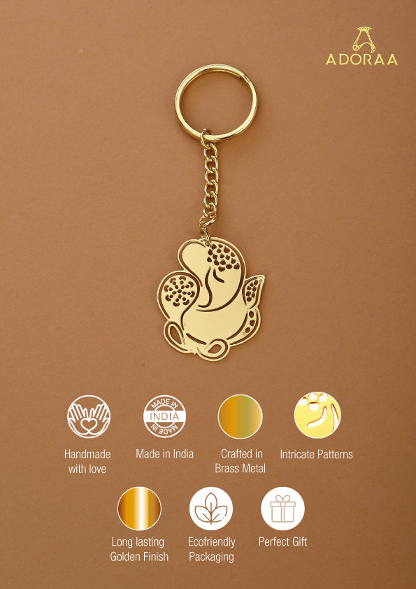 Ganesha Ganpati Brass Key Chain Ring in Golden Finish